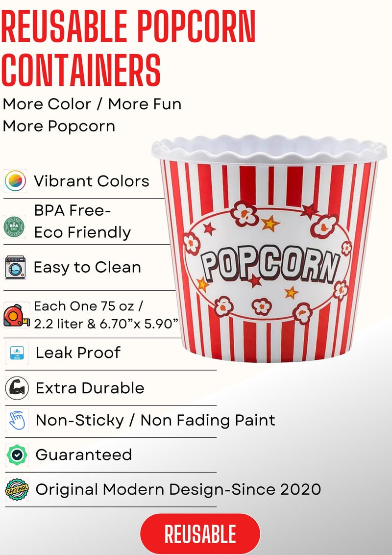 ONONEXPRESS Modern Style Reusable Plastic Popcorn Box/Popcorn Containers/Popcorn Bowls Set for Movie Theater Night - (BPA Free - Red/White 4 Pack-75 oz) - Image 4